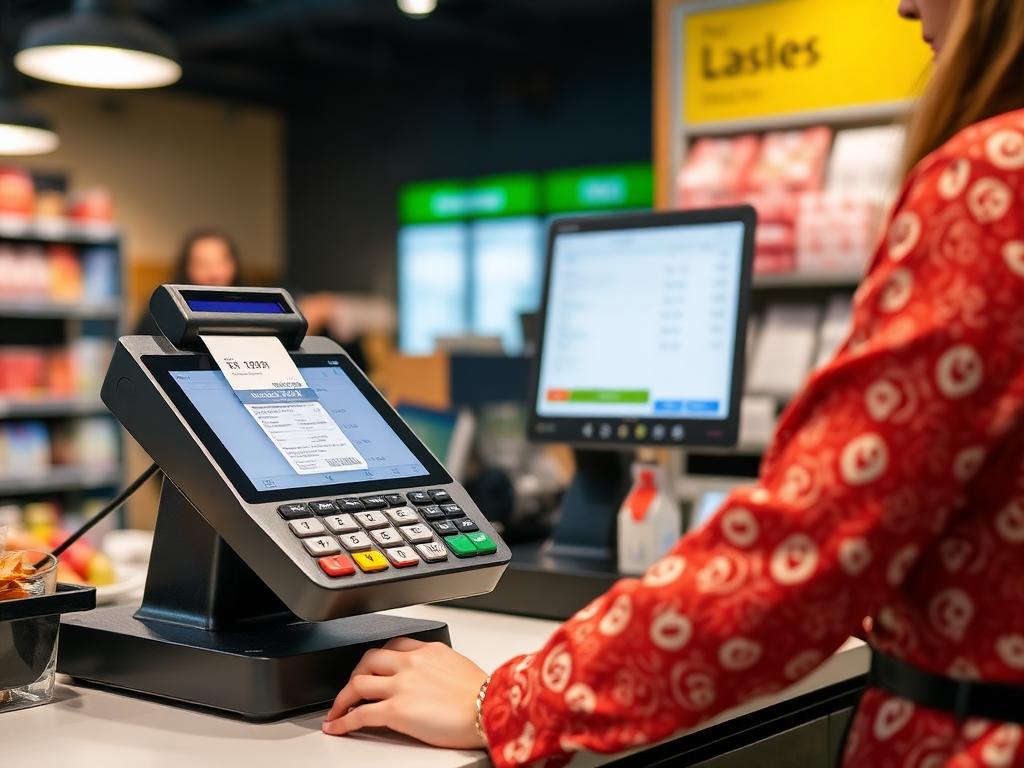 Vendedor no caixa com terminal, recibo digital e tela de fechamento fiscal